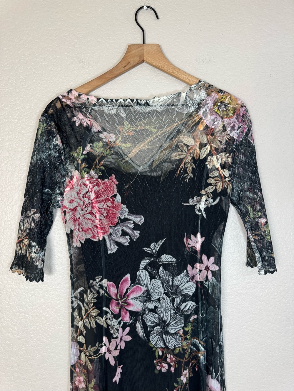 Komarov Floral Print Charmeuse Chiffon Lace Midi Dress 3/4 Sleeves Large $298 - Picture 8 of 12